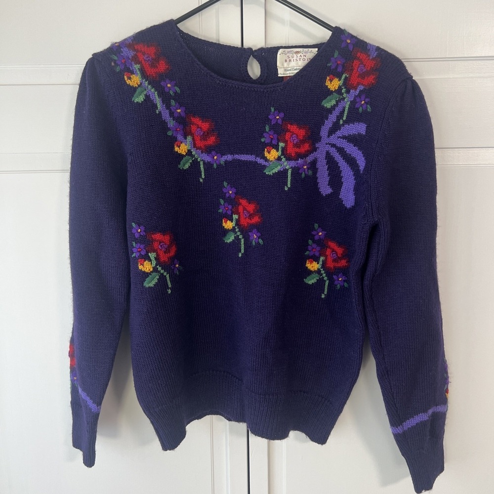 Susan Bristol Vintage 1989 Hand Embroidered Purple Floral Wool Sweater Womens 36